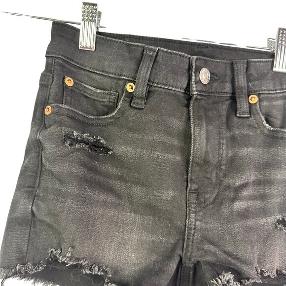 American Eagle Size 00 Next Level Stretch Distressed Black High Rise Shortie - Picture 2 of 6